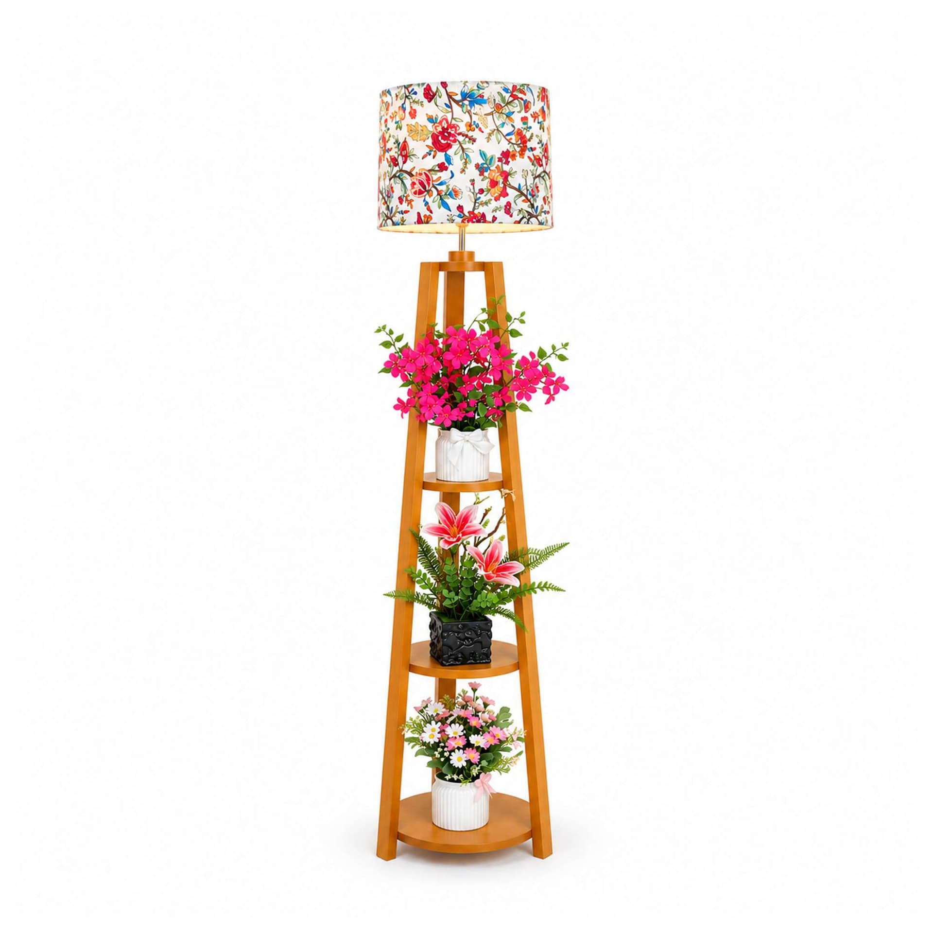 Wooden Lamp Stand With Flower Vase